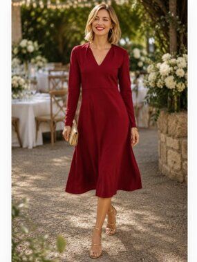 J. Jill Wearever Cherrywine V-neck Long Sleeve Fit-and-Flare Midi Dress